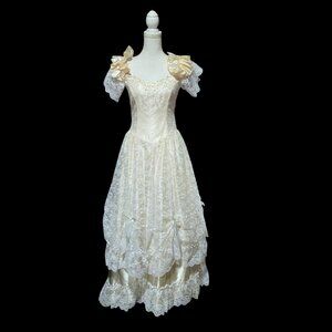 Vtg Flirtations Alfred Angelo Lace Puff Sleeve Wedding Dress Sz 8 Ruffle Satin